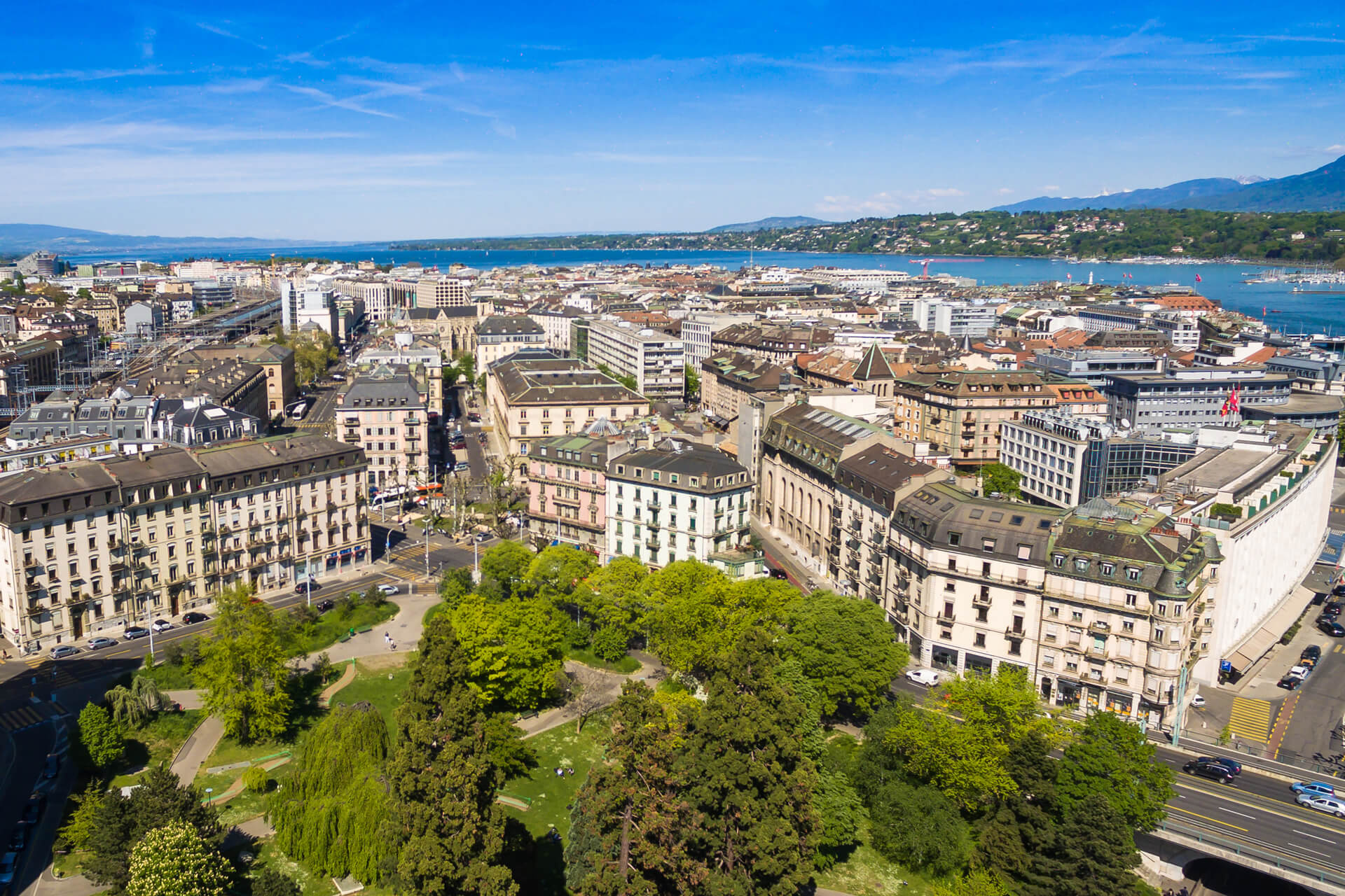 Aerial view of Geneva city old town in Switzerland